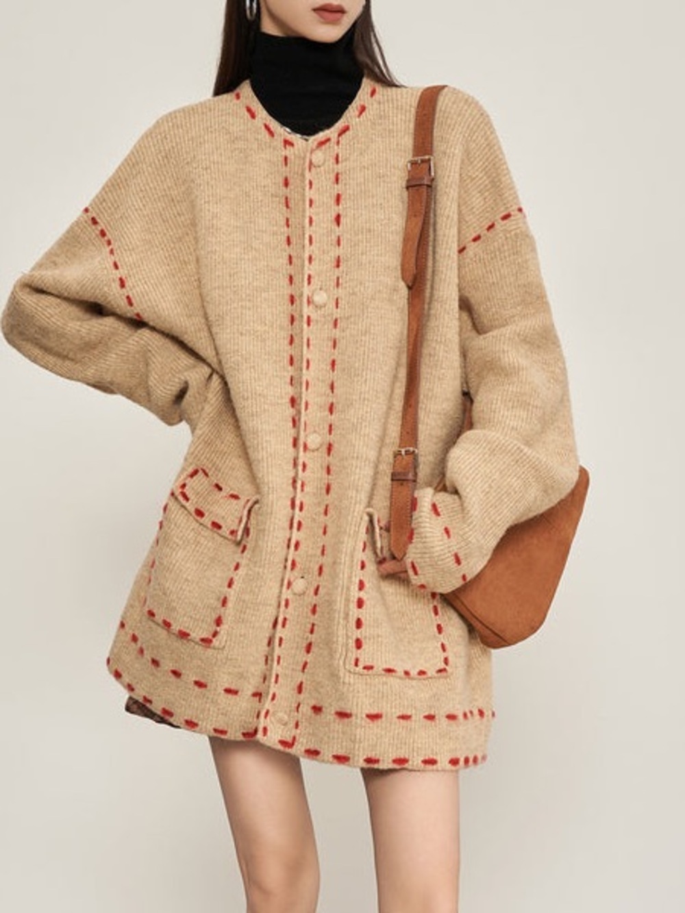 Mason Prince Beige Knit Oversize Cardigan Embroidered Stitch NWT Size 2